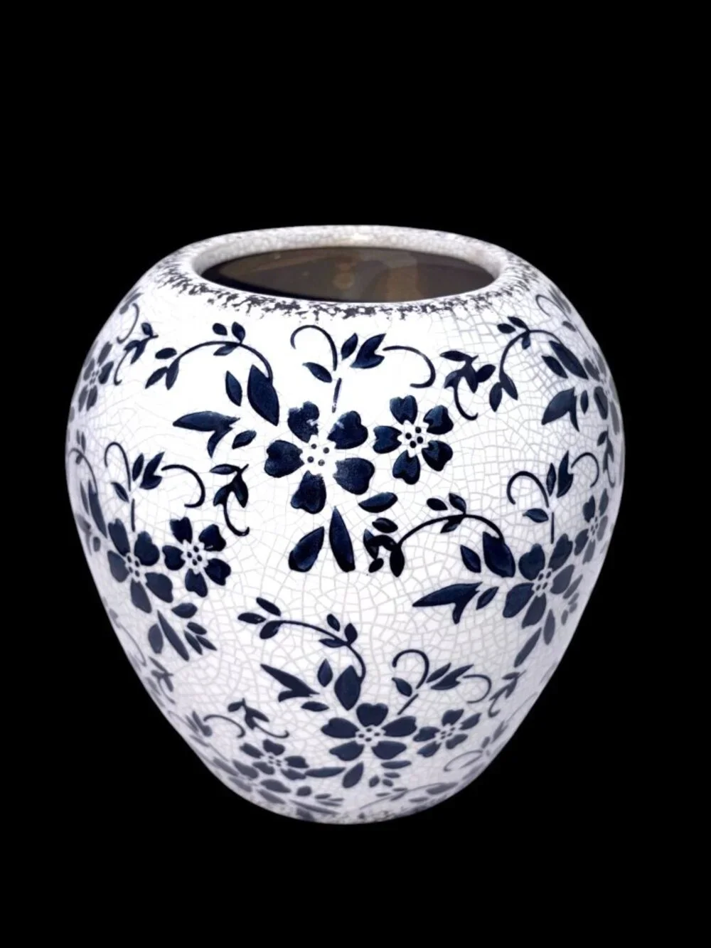 Vintage Blue White Crackle Glaze Ceramic Cachepot Planter Vase Floral 7.25